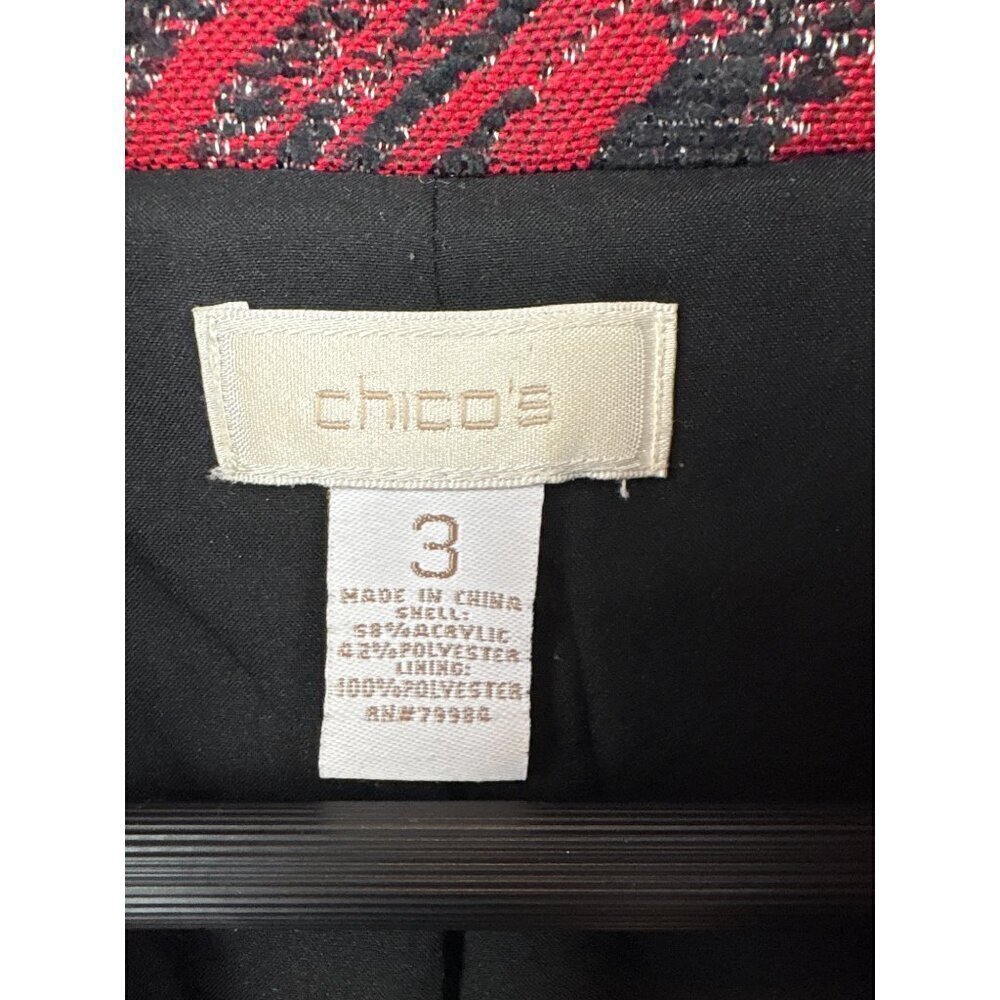 Women’s Chico’s Size 2XL Red, Black, & Cream Patterned Overcoat - Picture 5 of 5